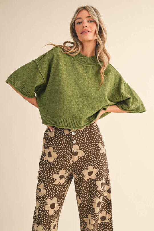 Marled Knit Mock Neck Short Sleeve Sweater