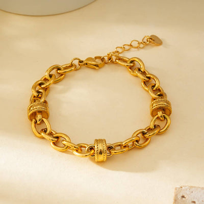 Gold Chain Bracelet with Thick Links and Buttons