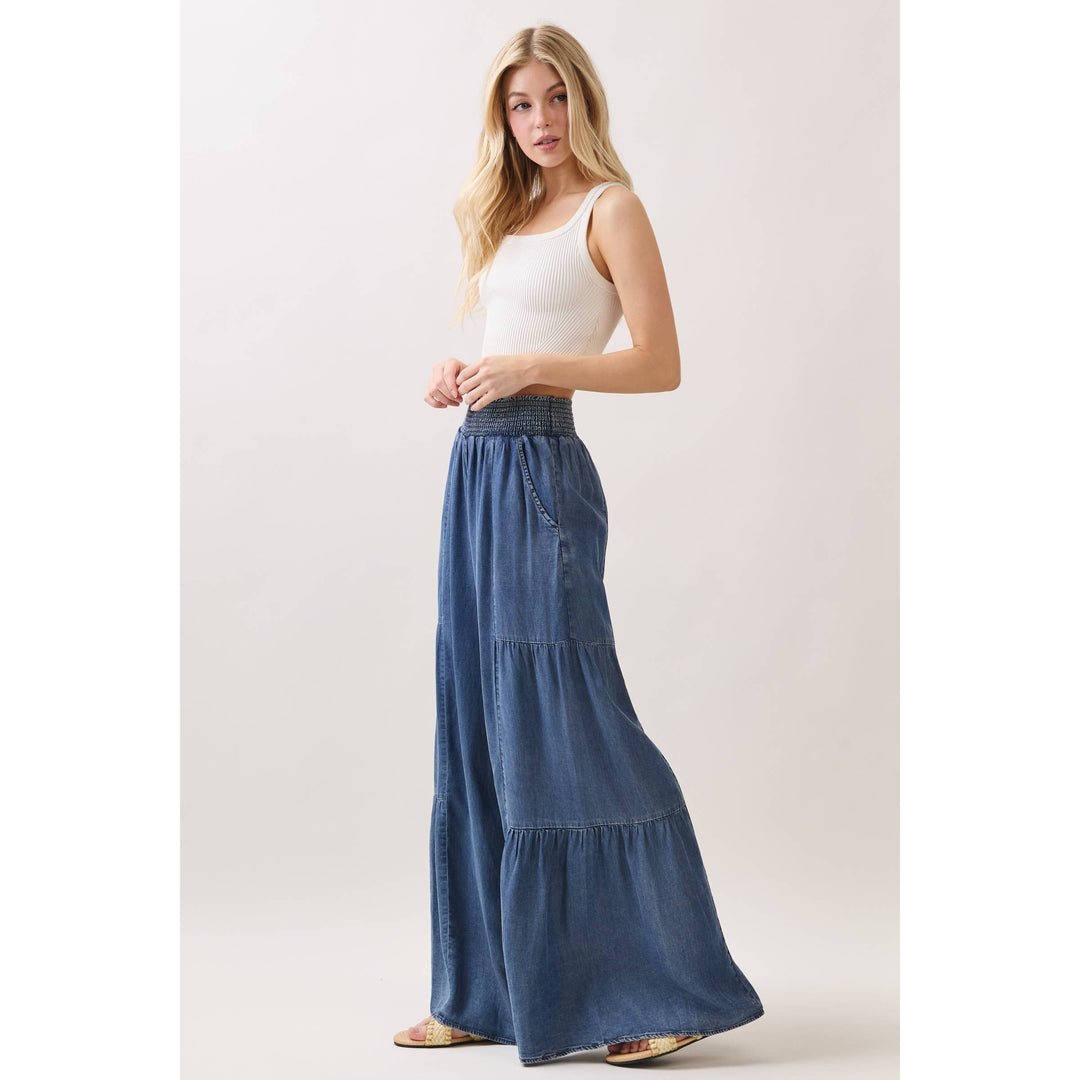 Denim Tencel Tiered Wide Leg Pants