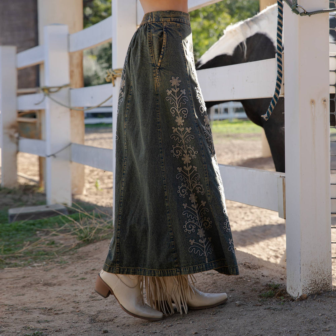 Artisan Floral Embroidered Denim Maxi Skirt