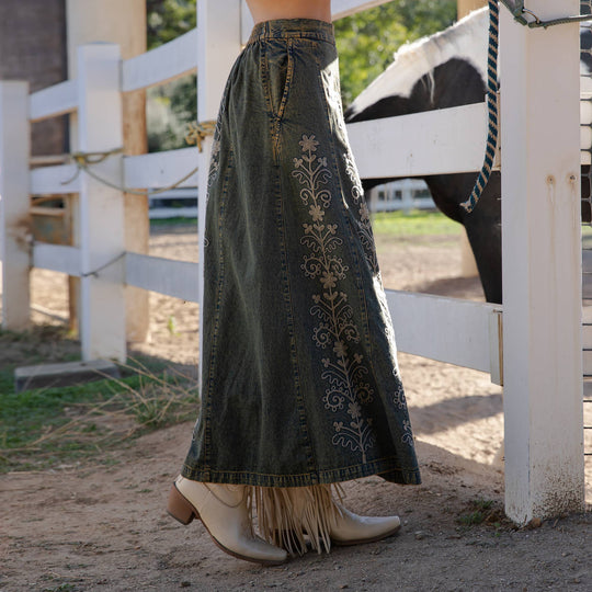 Artisan Floral Embroidered Denim Maxi Skirt