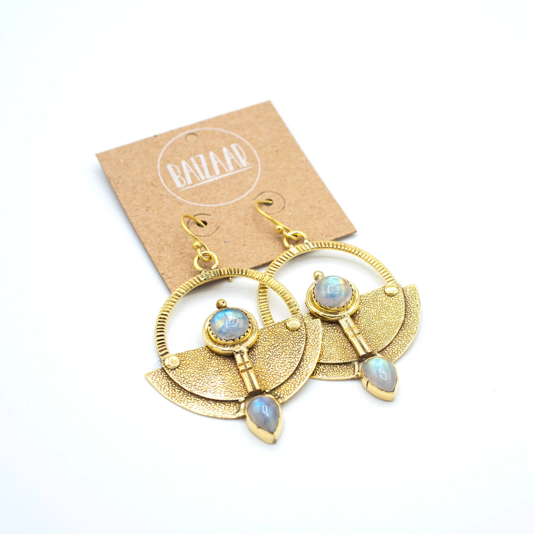 Brass Moonstone Sundial Earrings