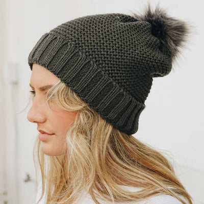 Chunky Knit Pom Pom Winter Hat with Lining