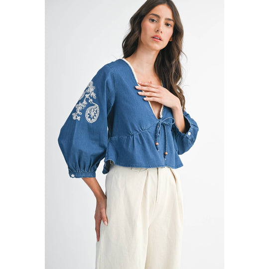 Denim Embroidered Cropped Peasant Blouse