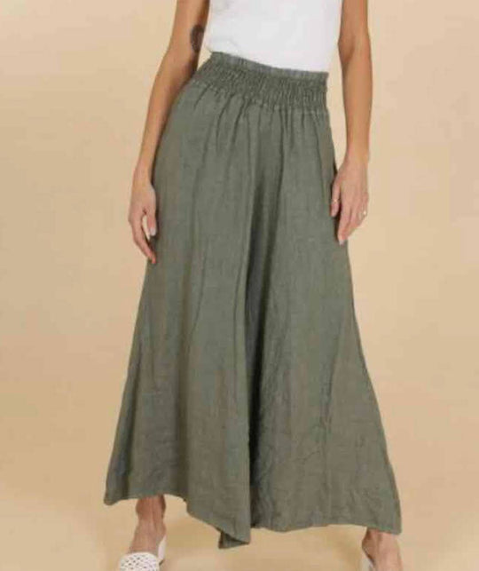 Flared Linen Pants w/ Wide Waistband