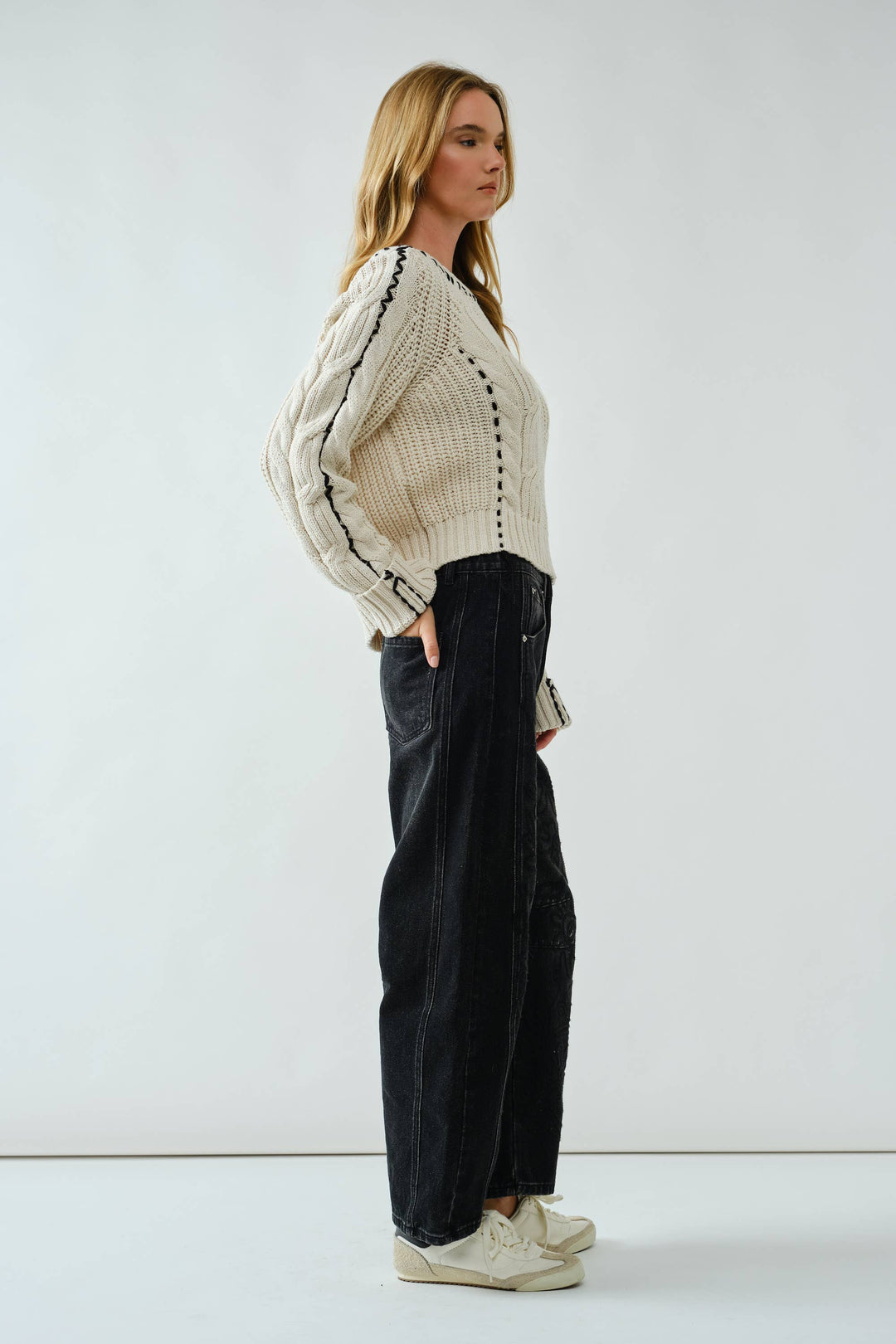 Cable Knit Sweater With Stitched Detail