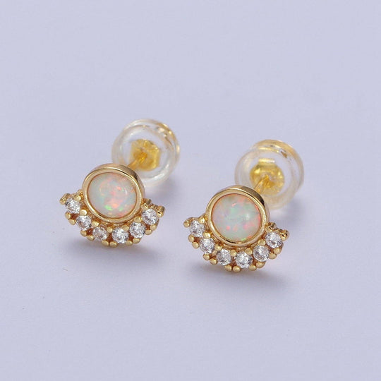 24K Gold Filled Micro Paved Round White Opal Stud Earrings