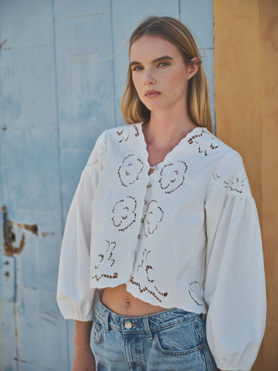 Denim Embroidered Puff Sleeve Blouse