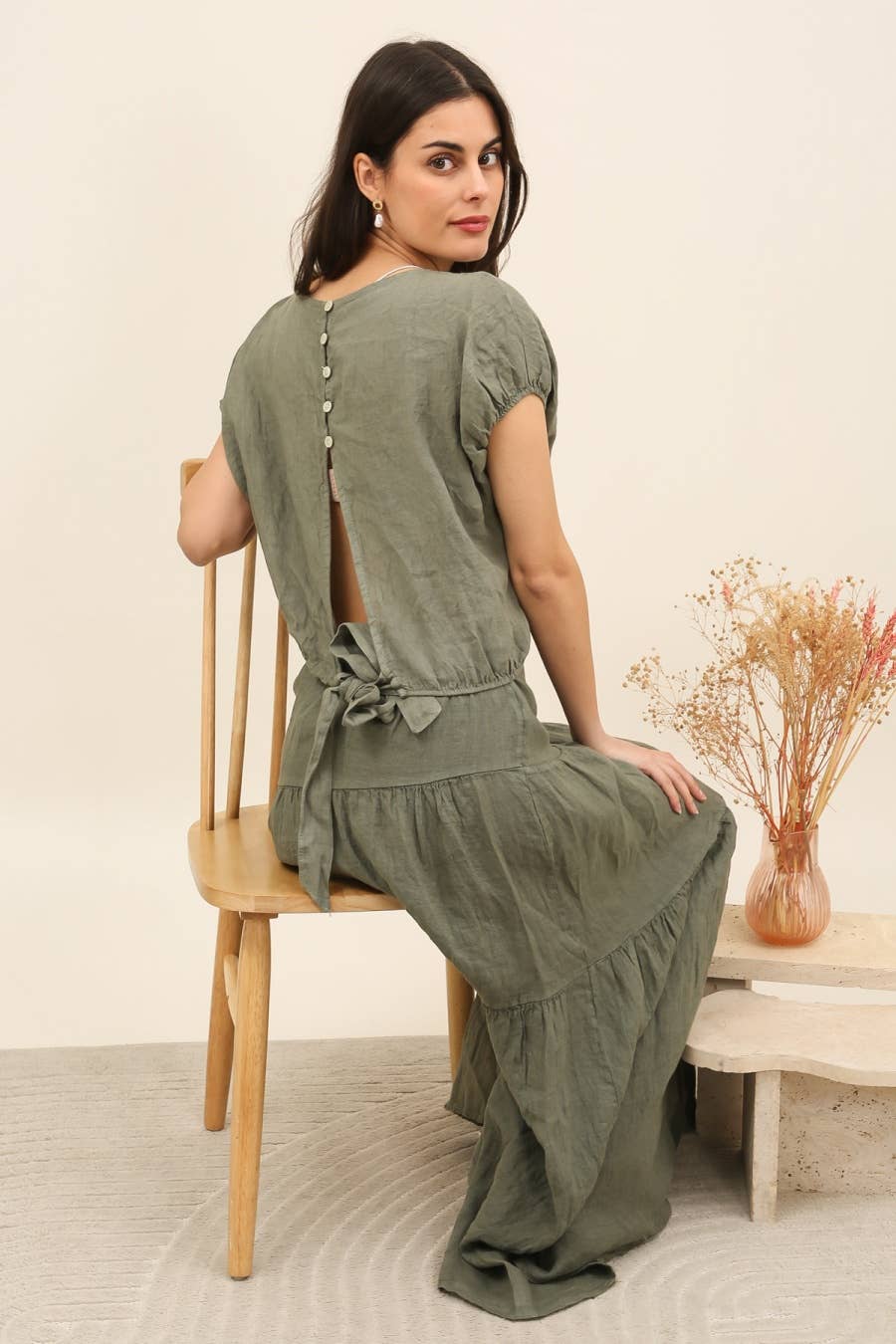 Button Back Tie Waist Linen Top
