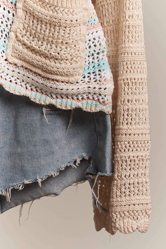 Button Down Multi Stripe Crochet Cardigan