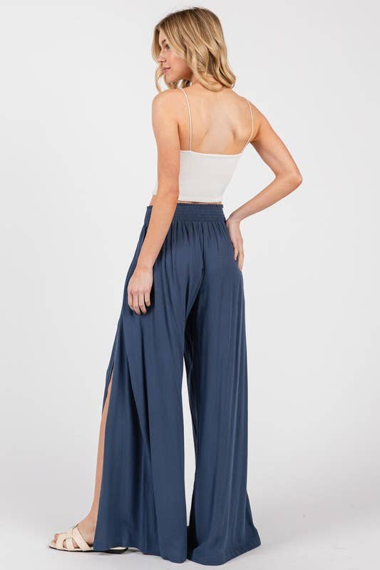 Solid Front Slit Wide Leg Pants