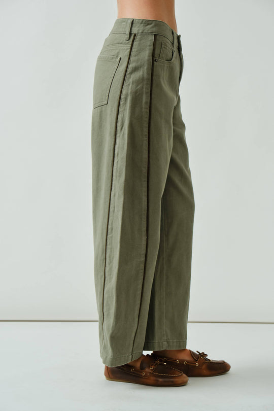 Olive Barrel Jeans with Piping Detail