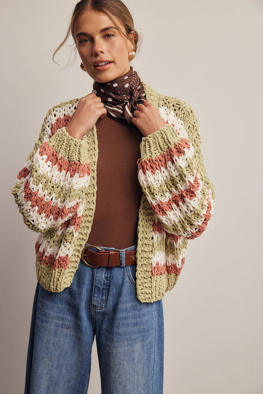 Hand Crochet Stripe Open Cardigan