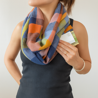 Multicolor Plaid Infinity Scarf with Zipper Pocket