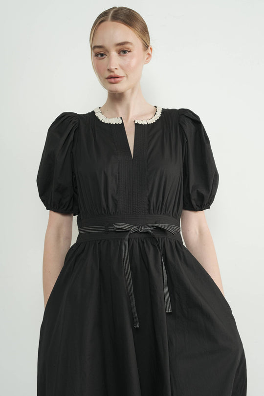 Embroidered Midi Dress with Puff Sleeve