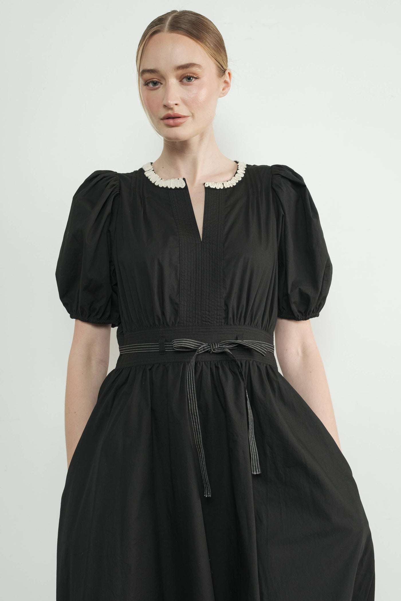 Embroidered Midi Dress with Puff Sleeve