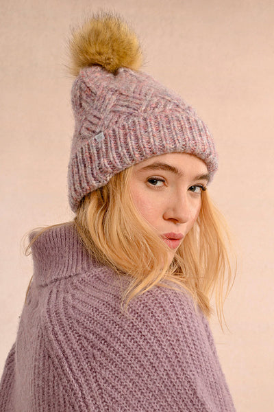 Ladies Knitted Beanie with Faux Fur Pom Pom