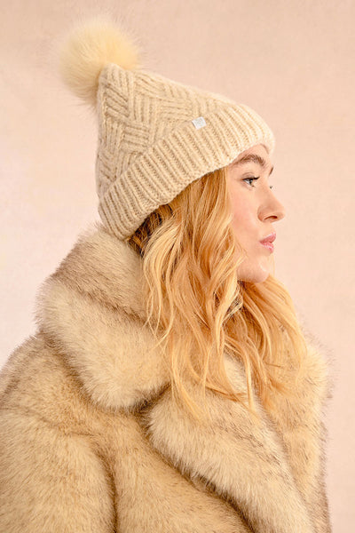 Ladies Knitted Beanie with Faux Fur Pom Pom