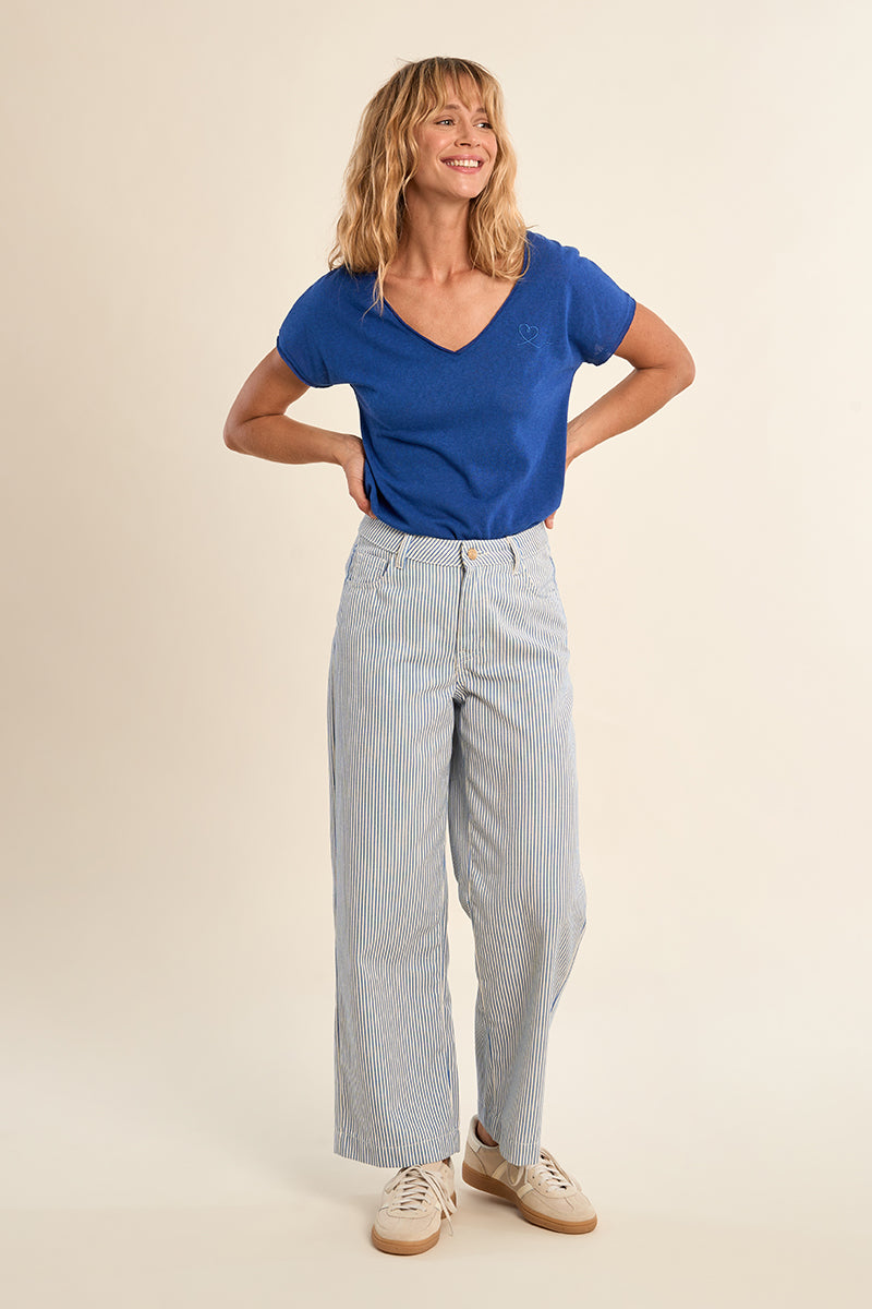 Light Blue & White Striped Wide Leg Denim