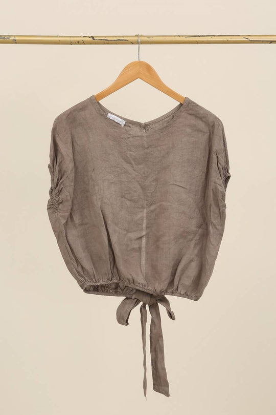 Button Back Tie Waist Linen Top
