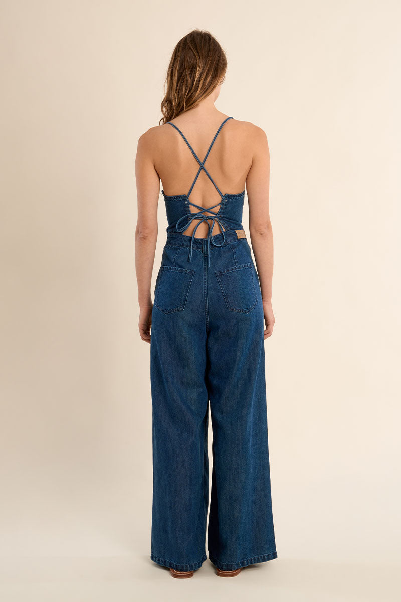 Dark Denim Jumpsuit with Tie Back