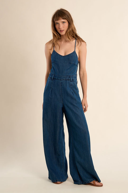 Dark Denim Jumpsuit with Tie Back