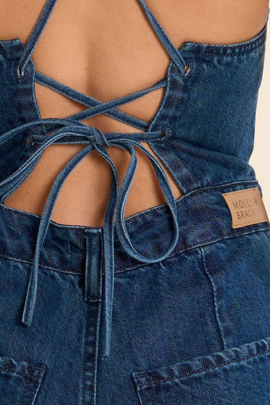 Dark Denim Jumpsuit with Tie Back