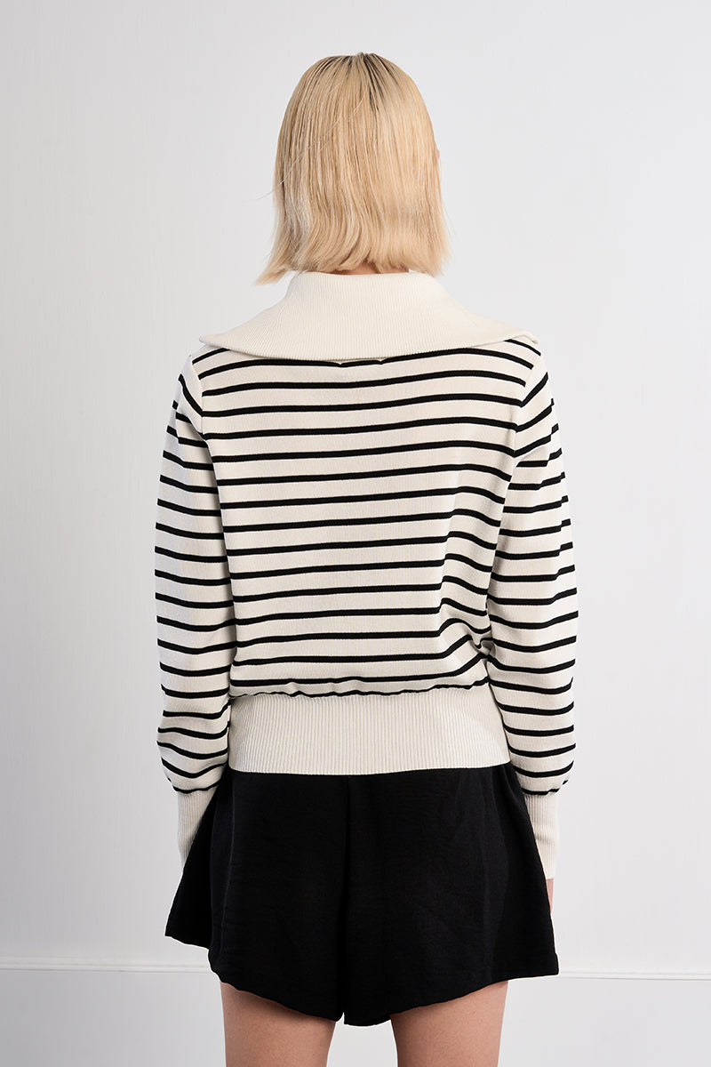 Striped Zip Up Sweater With Ribbed Collar