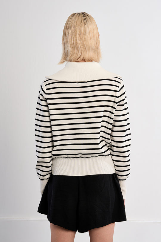 Striped Zip Up Sweater With Ribbed Collar