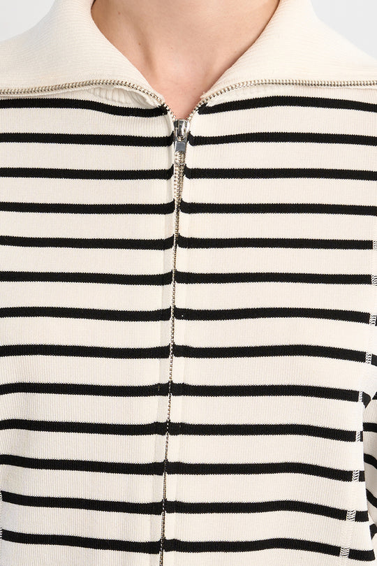 Striped Zip Up Sweater With Ribbed Collar