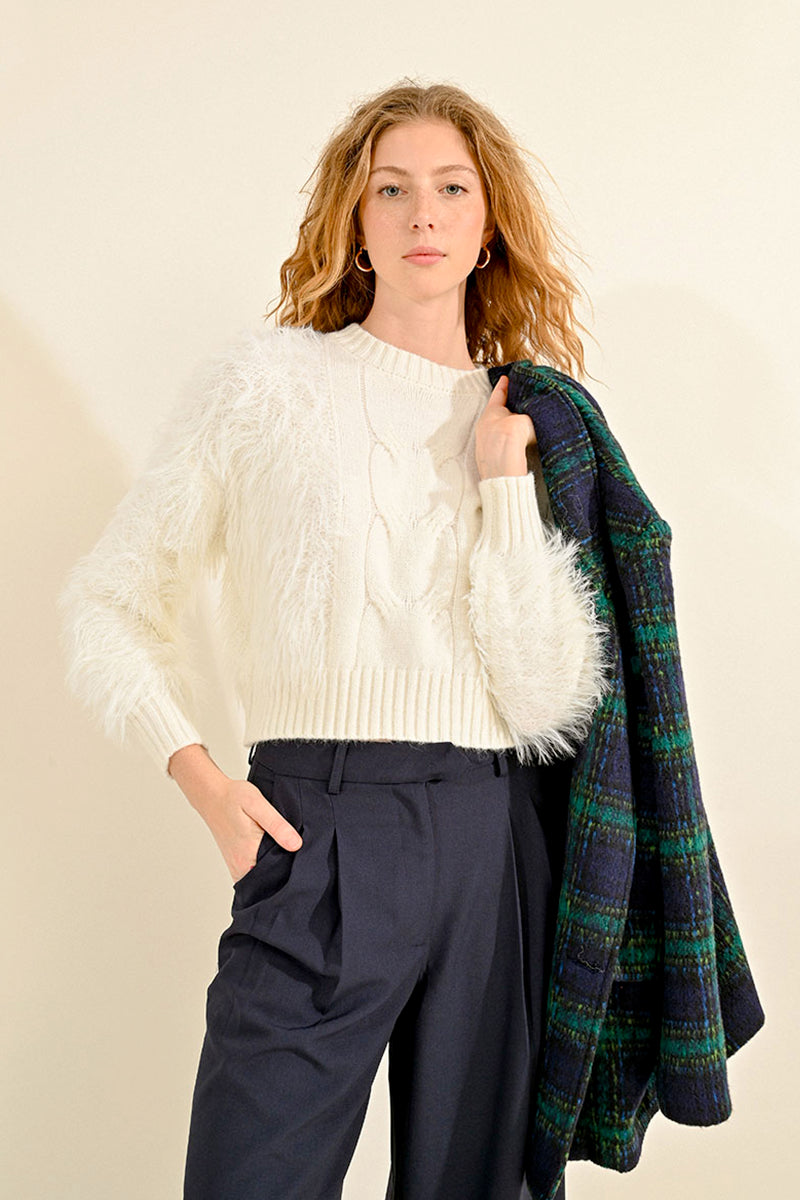 Fuzzy Cable Knit Sweater in Cream