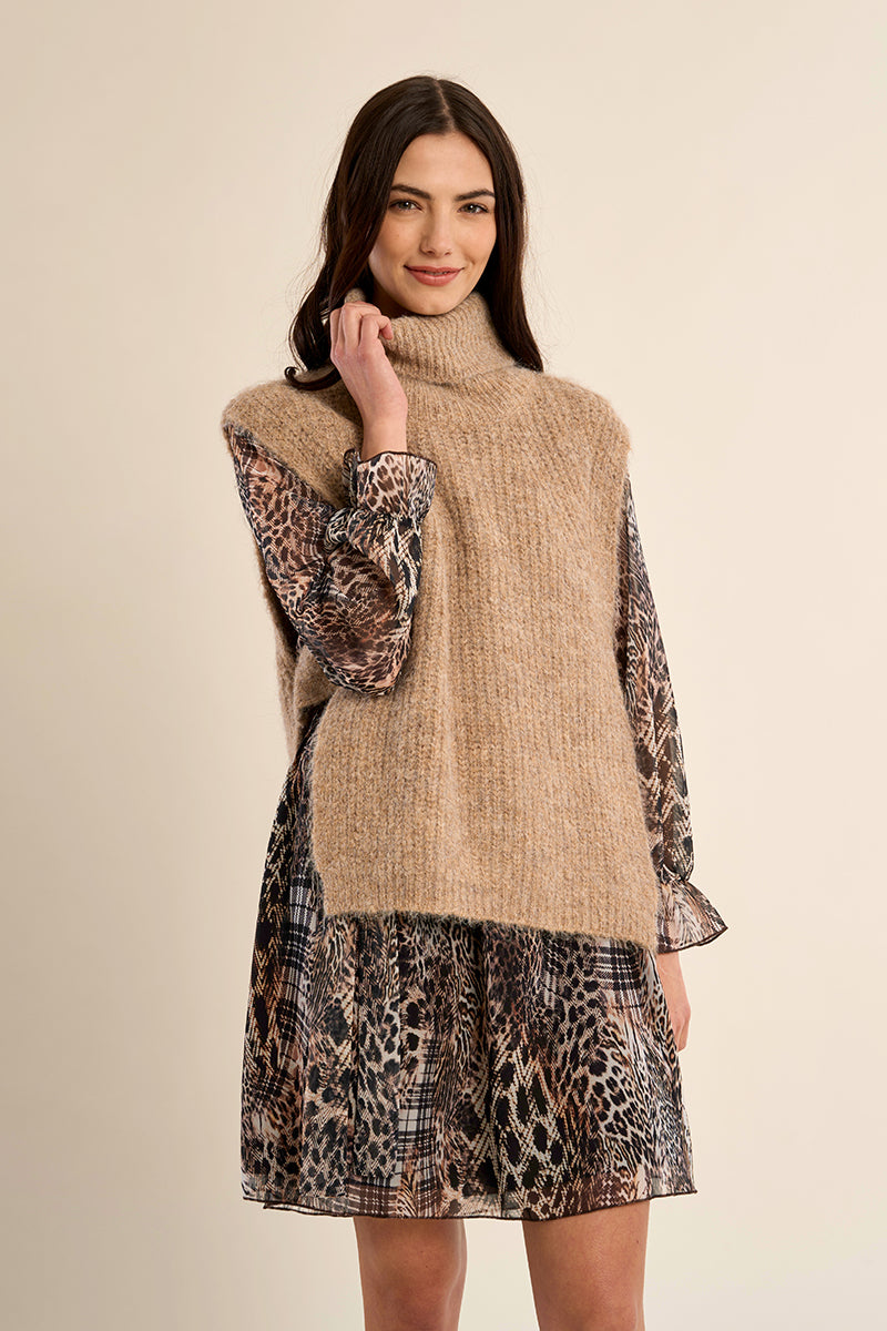 Beige Sweater Turtleneck Vest