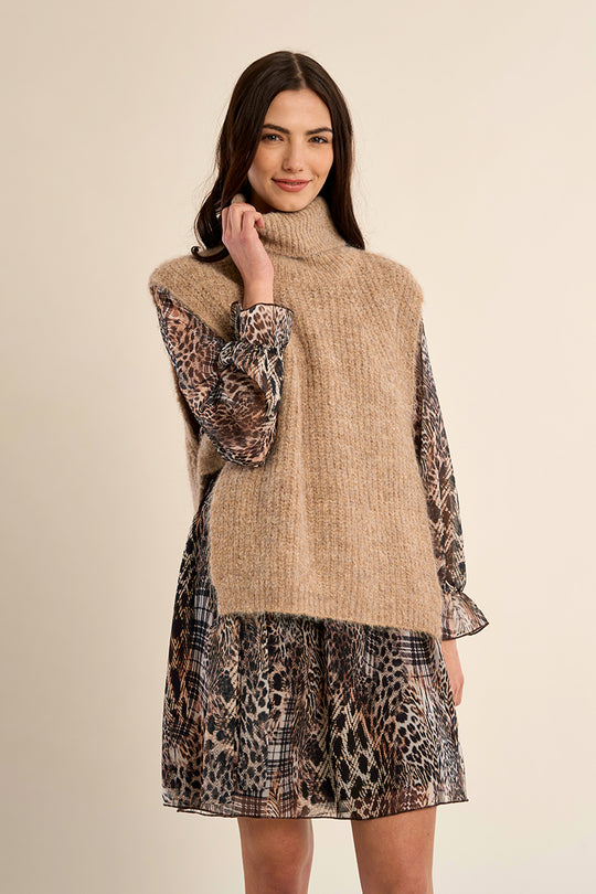 Beige Sweater Turtleneck Vest