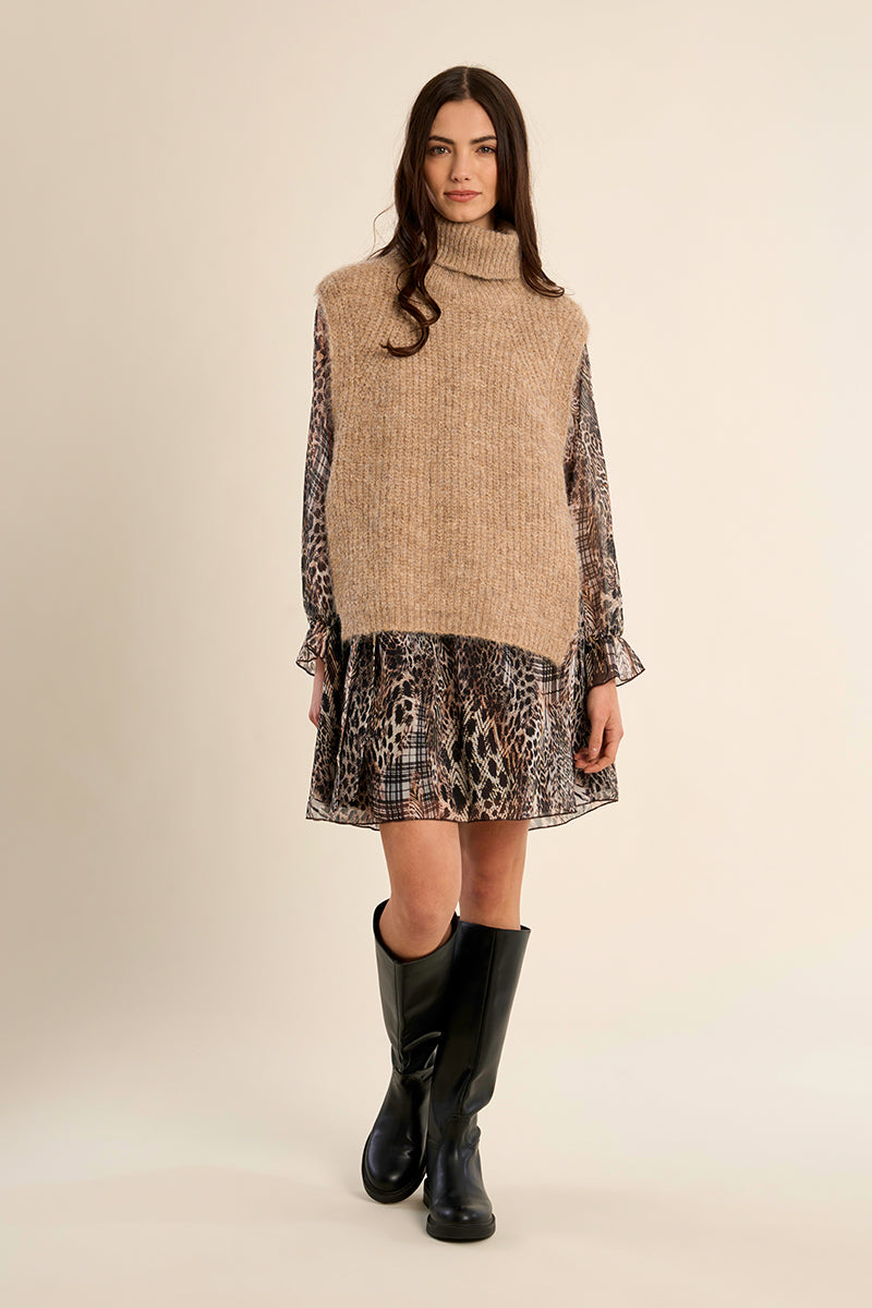 Beige Sweater Turtleneck Vest