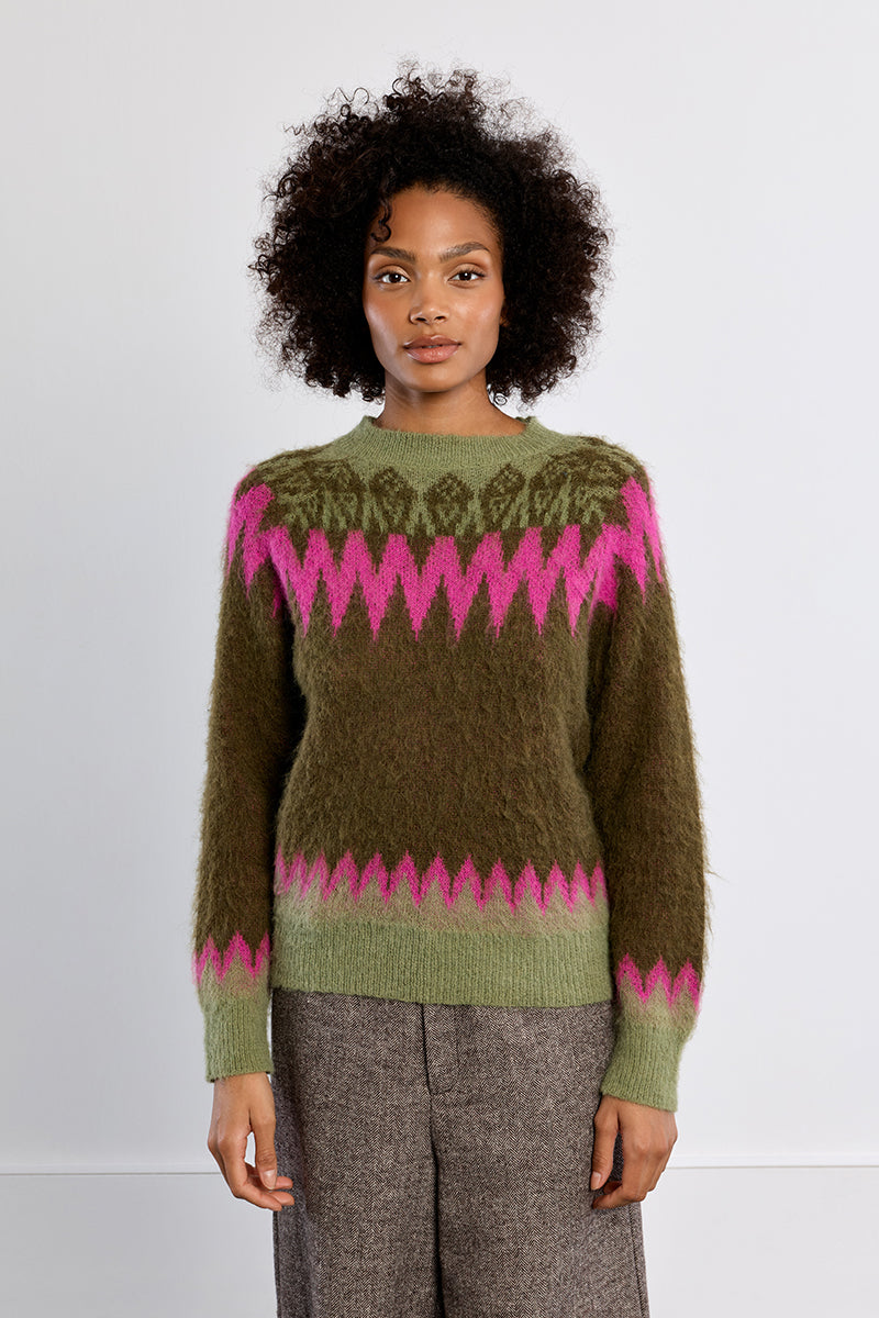 Khaki & Pink Fair Isle Sweater