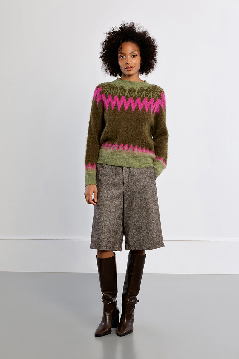Khaki & Pink Fair Isle Sweater