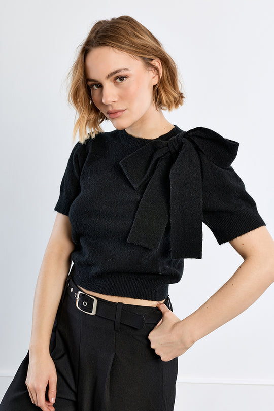 Black Sweater with Bow Shoulder Detail