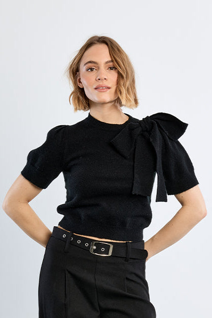 Black Sweater with Bow Shoulder Detail
