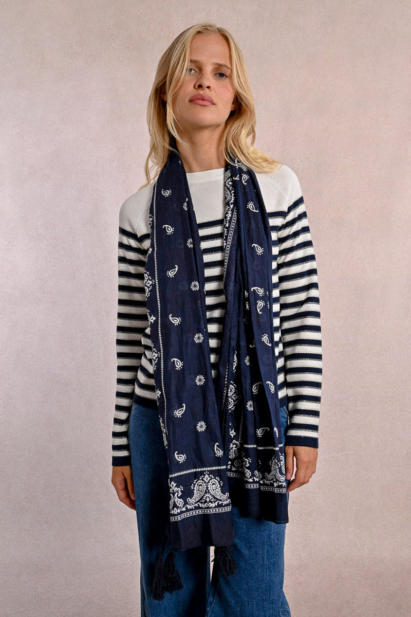 Navy Blue Paisley Scarf with Tassels