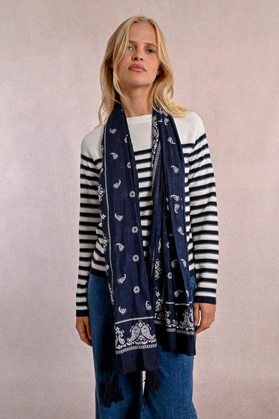 Navy Blue Paisley Scarf with Tassels