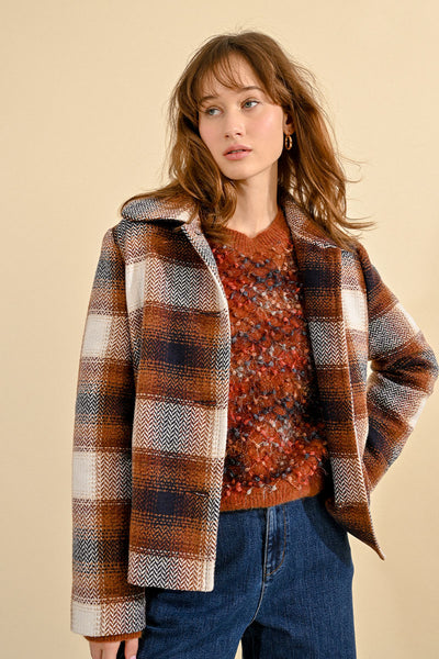 Ladies Woven Jacket in Brown Plaid