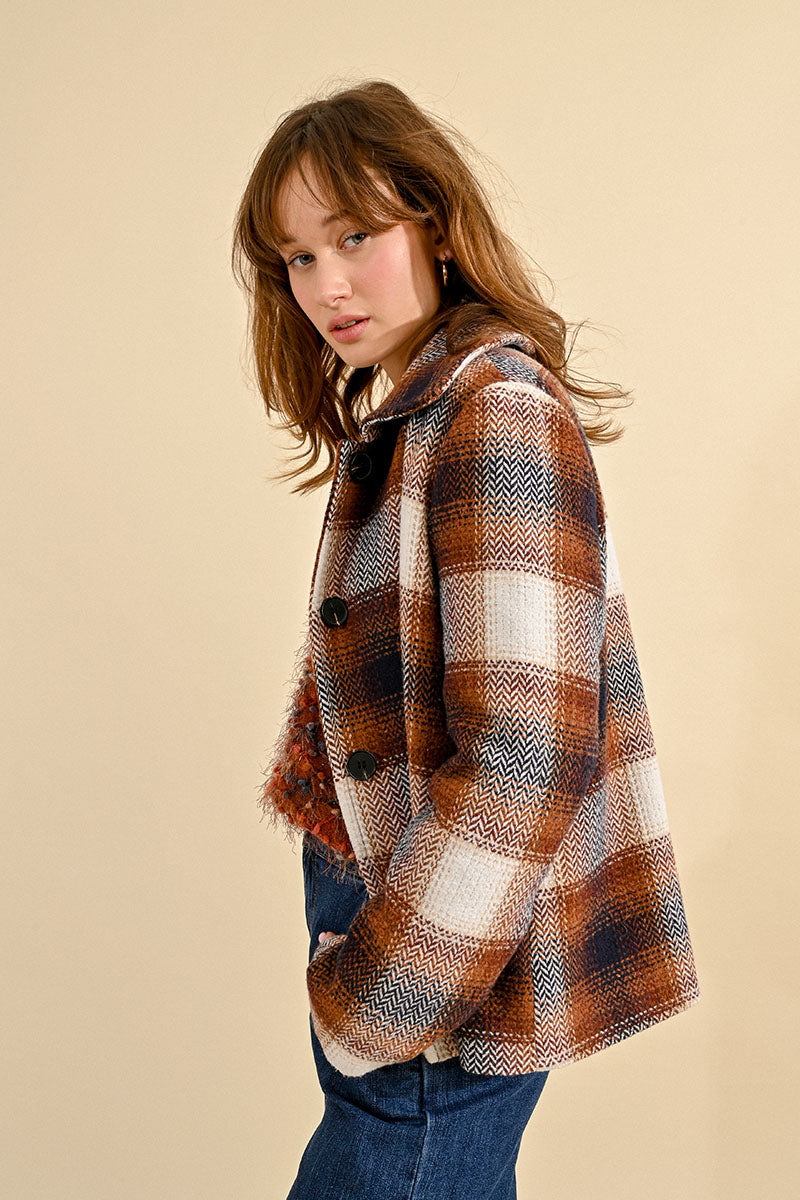 Ladies Woven Jacket in Brown Plaid