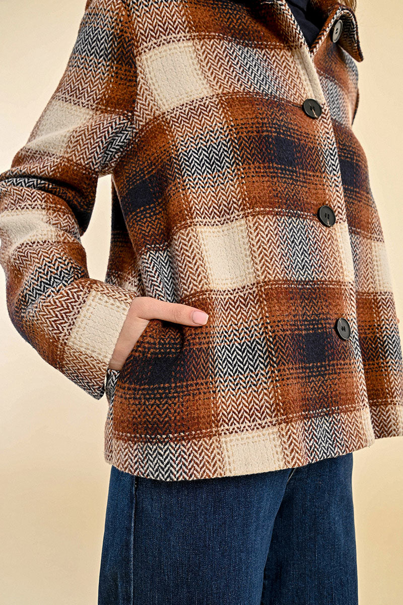 Ladies Woven Jacket in Brown Plaid