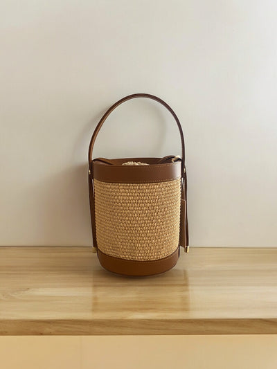 Suie Valentini Genuine Leather and Straw Bucket Bag - Simple Good