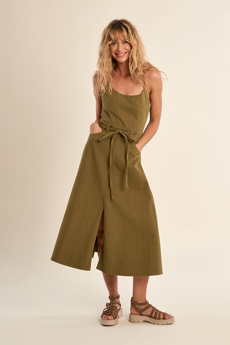 Khaki Green Cotton Tie Back Dress