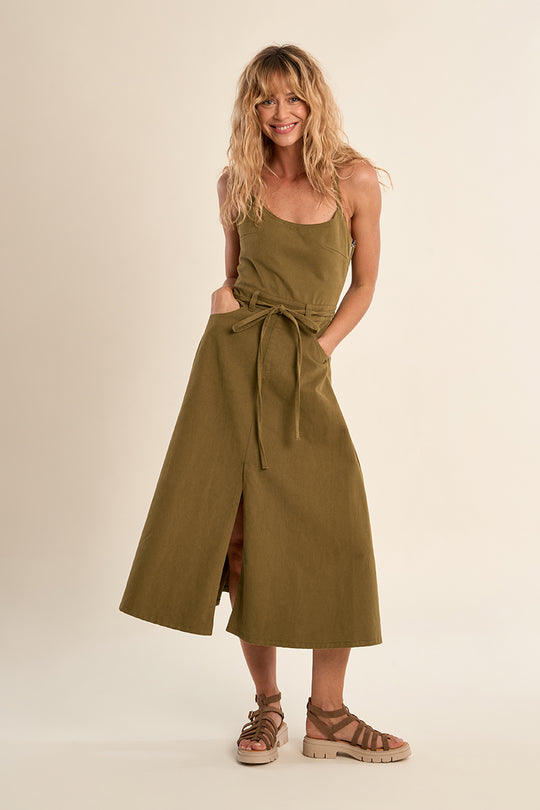 Khaki Green Cotton Tie Back Dress