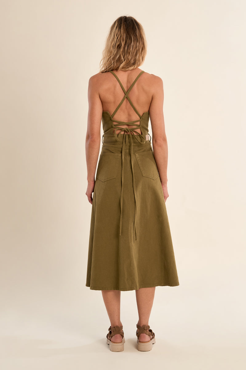 Khaki Green Cotton Tie Back Dress