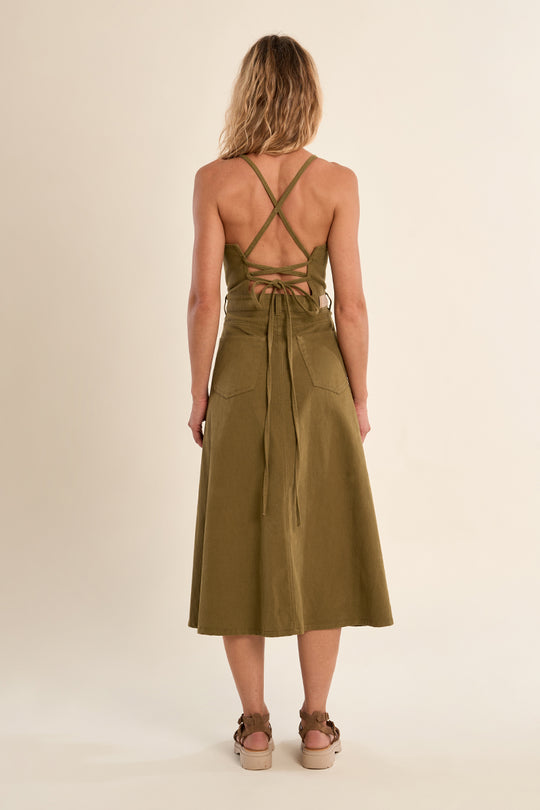 Khaki Green Cotton Tie Back Dress