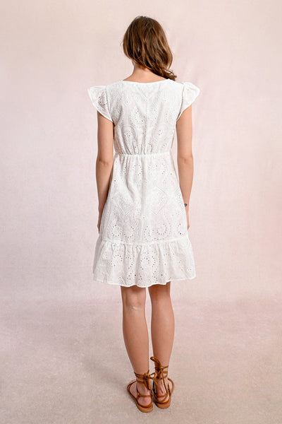 White Flutter Sleeve Dress with Eyelet Detail