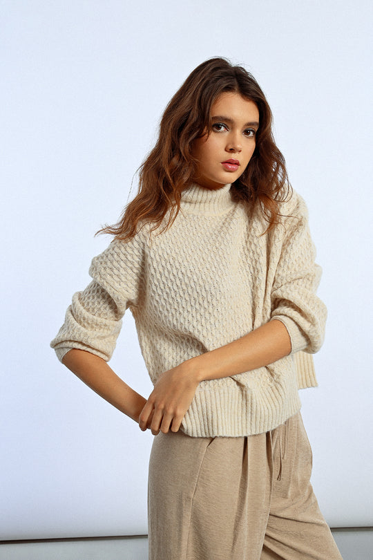 Beige Lattice Textured Sweater